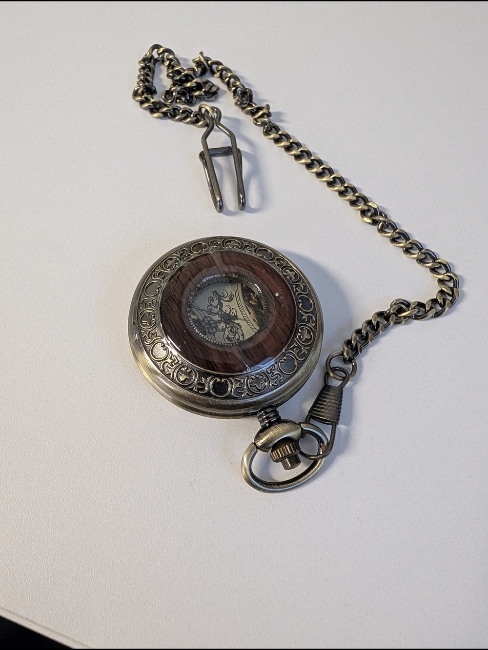 Antique-Style Bronze Pocket Watch with Wood Accent - Brown/Gold